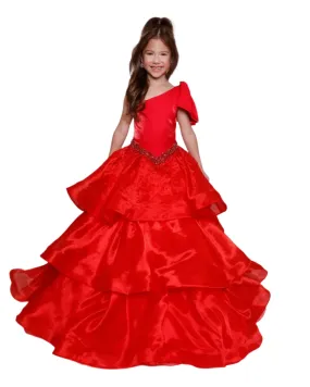 Ava Presley Girls 39891 Size 14 Red Long Pageant Ball Gown One Shoulder Layer Ruffle Bow Drop Waist Formal