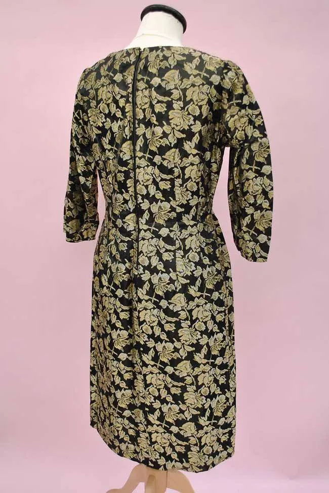 1960s Vintage Black & Gold Satin Brocade Wiggle Cocktail Dress