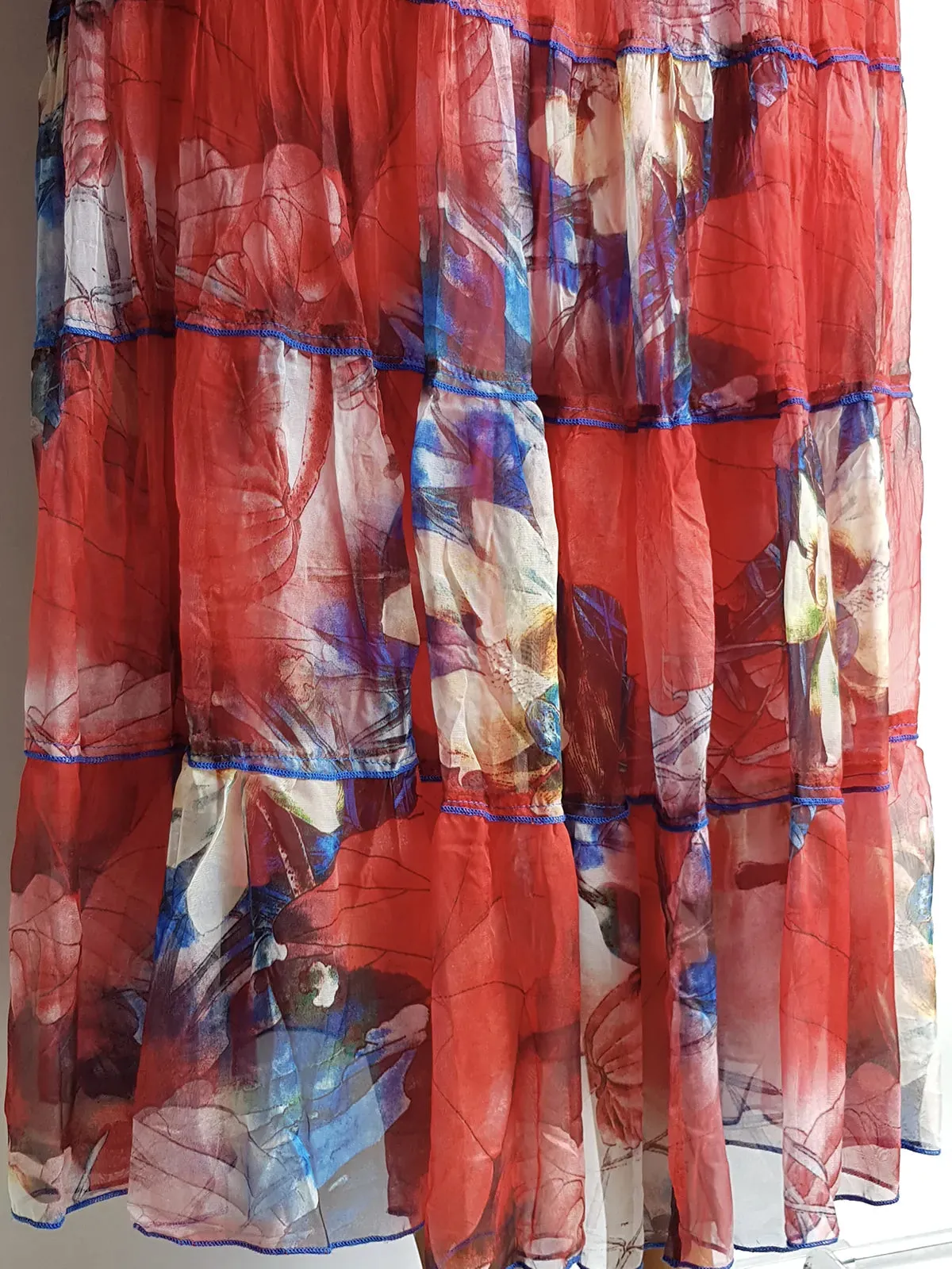 1990s Sexy Bohemian Rockstar Vintage Frothy Maxi Skirt / Dress - Floaty Crinkle Fabric - Insane Crimson Print - 5 Tiered with Pleating - Double Layered Stretch Waist