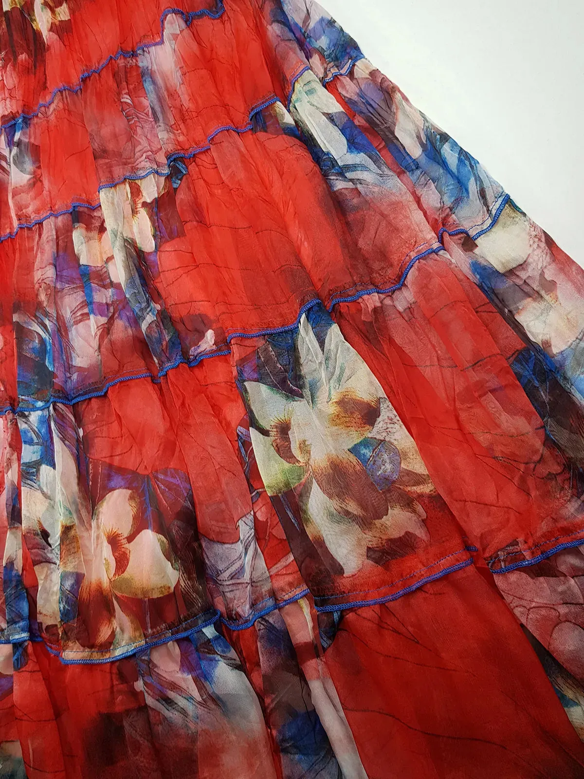 1990s Sexy Bohemian Rockstar Vintage Frothy Maxi Skirt / Dress - Floaty Crinkle Fabric - Insane Crimson Print - 5 Tiered with Pleating - Double Layered Stretch Waist