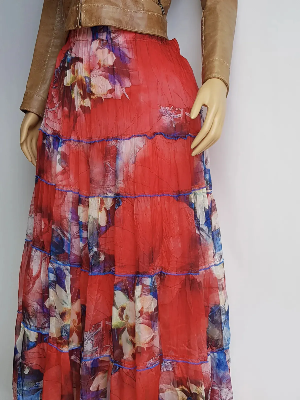 1990s Sexy Bohemian Rockstar Vintage Frothy Maxi Skirt / Dress - Floaty Crinkle Fabric - Insane Crimson Print - 5 Tiered with Pleating - Double Layered Stretch Waist