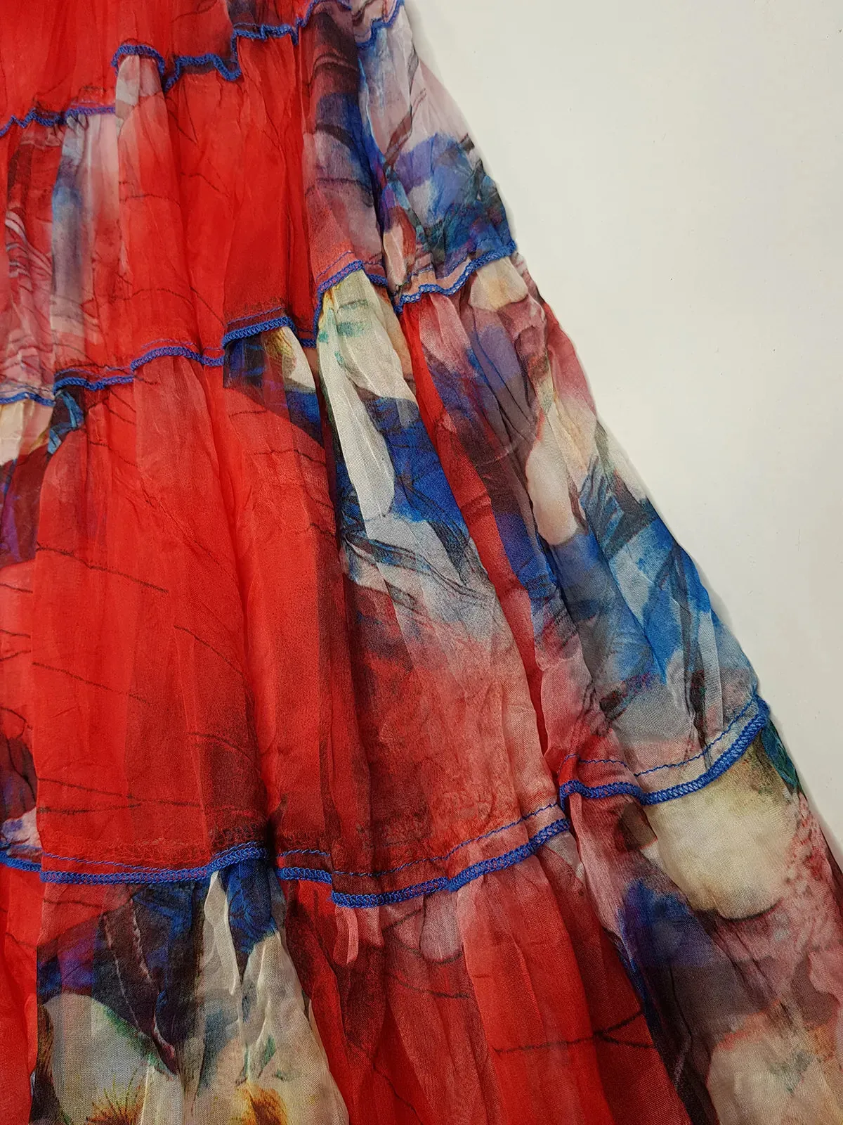 1990s Sexy Bohemian Rockstar Vintage Frothy Maxi Skirt / Dress - Floaty Crinkle Fabric - Insane Crimson Print - 5 Tiered with Pleating - Double Layered Stretch Waist