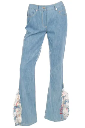 2000s John Galliano Paris Light Wash Denim Flared Jeans w Patchwork at Hem