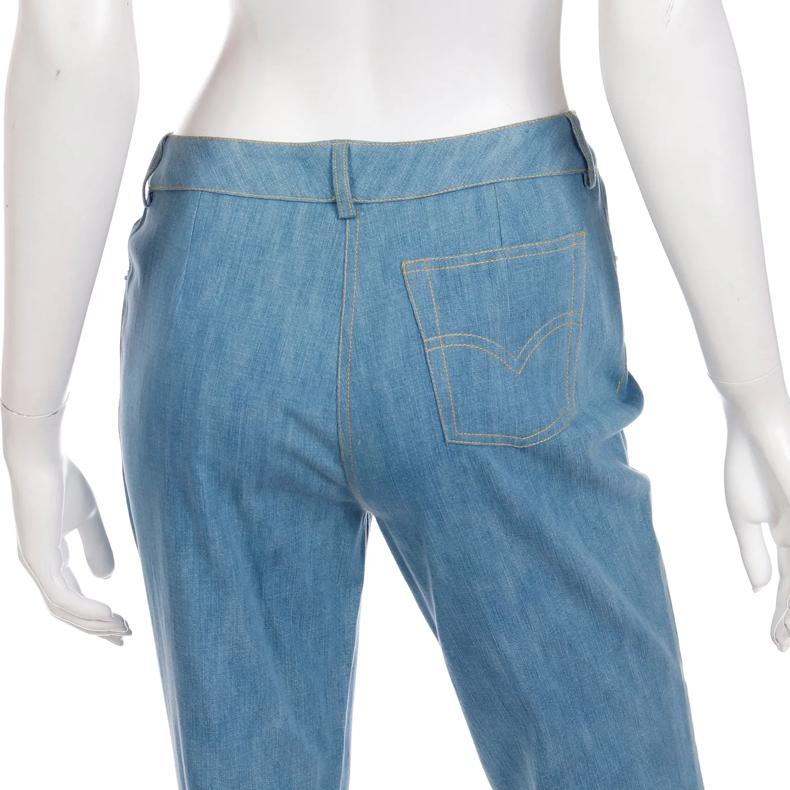 2000s John Galliano Paris Light Wash Denim Flared Jeans w Patchwork at Hem