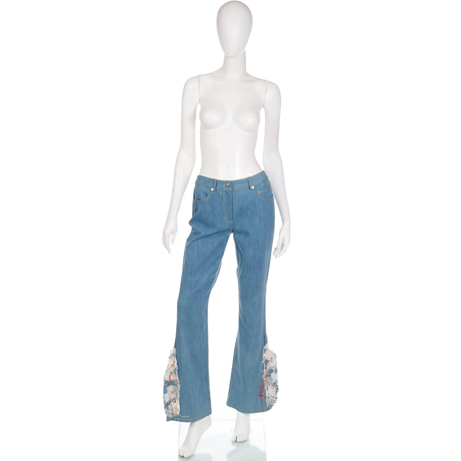 2000s John Galliano Paris Light Wash Denim Flared Jeans w Patchwork at Hem