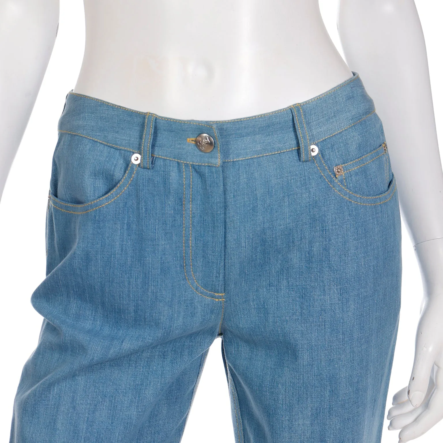 2000s John Galliano Paris Light Wash Denim Flared Jeans w Patchwork at Hem