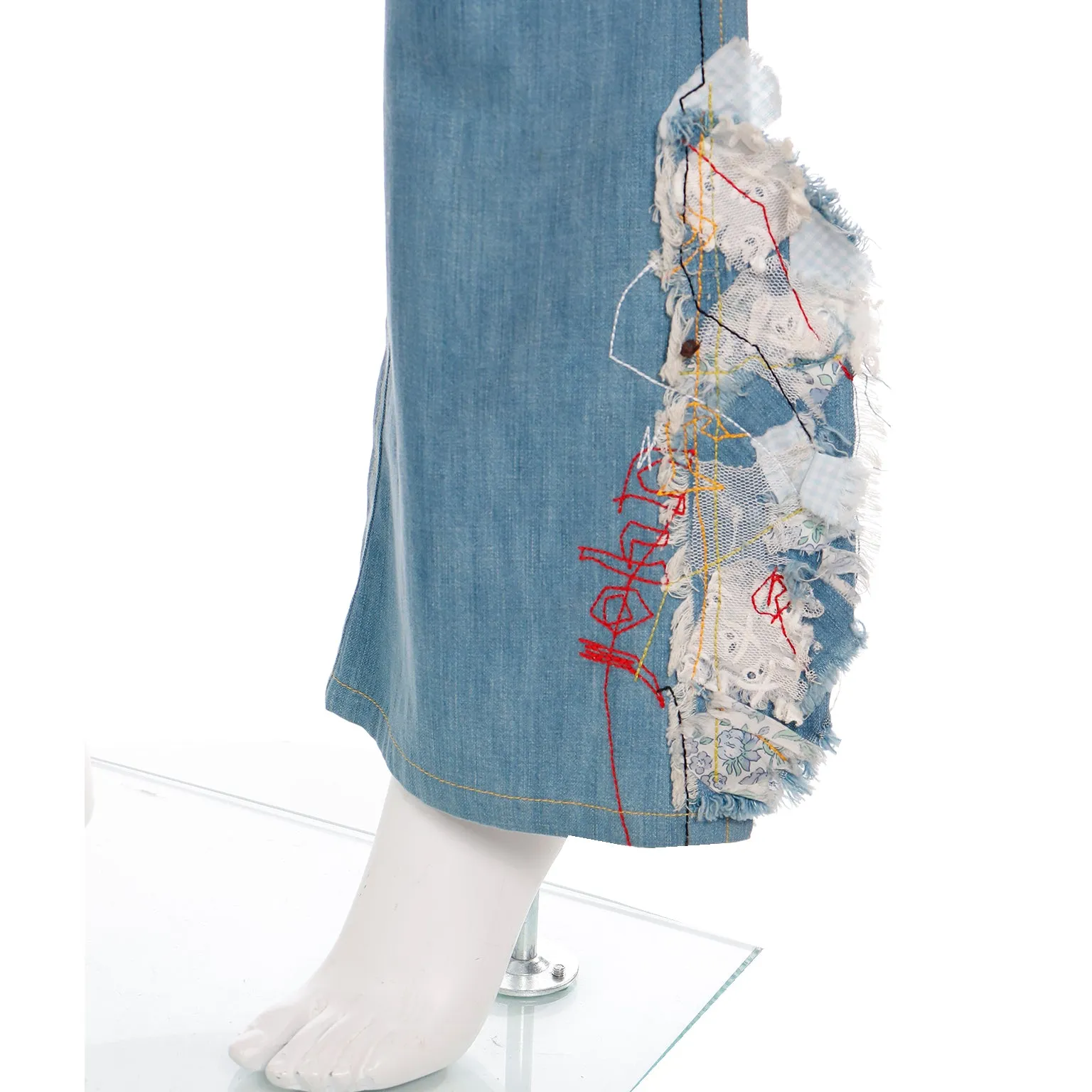 2000s John Galliano Paris Light Wash Denim Flared Jeans w Patchwork at Hem