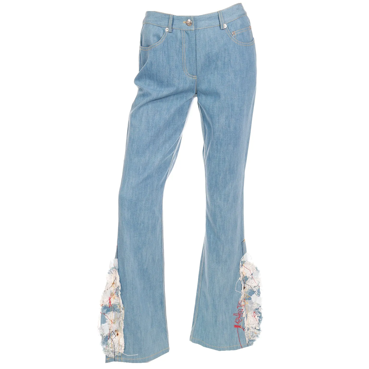 2000s John Galliano Paris Light Wash Denim Flared Jeans w Patchwork at Hem