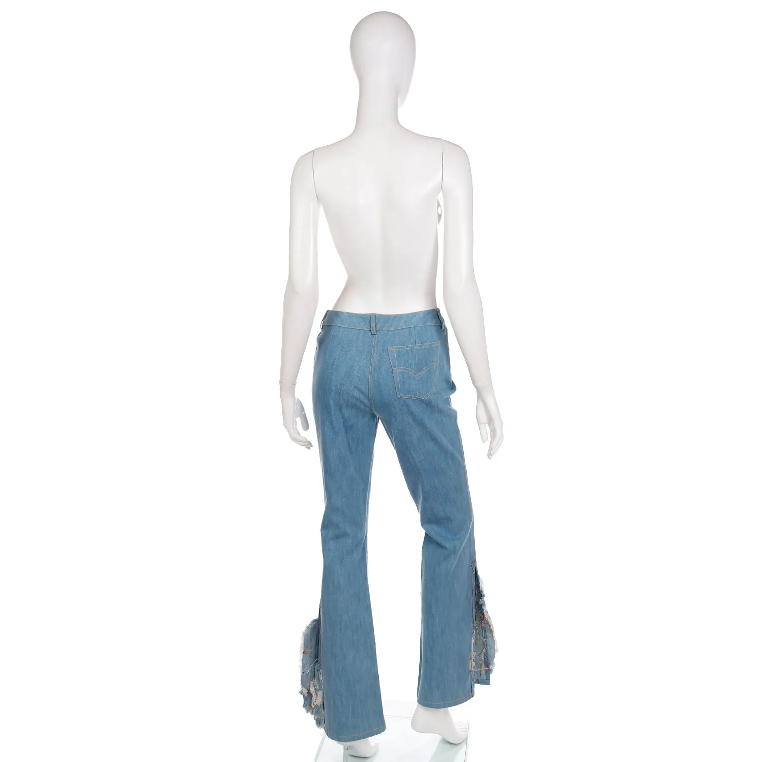 2000s John Galliano Paris Light Wash Denim Flared Jeans w Patchwork at Hem