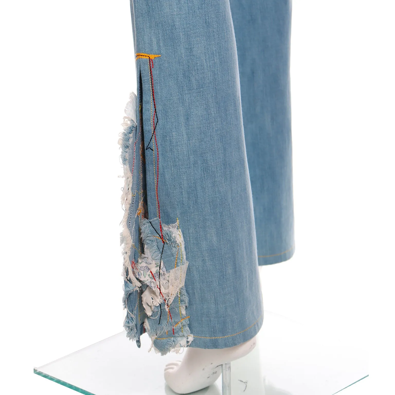 2000s John Galliano Paris Light Wash Denim Flared Jeans w Patchwork at Hem