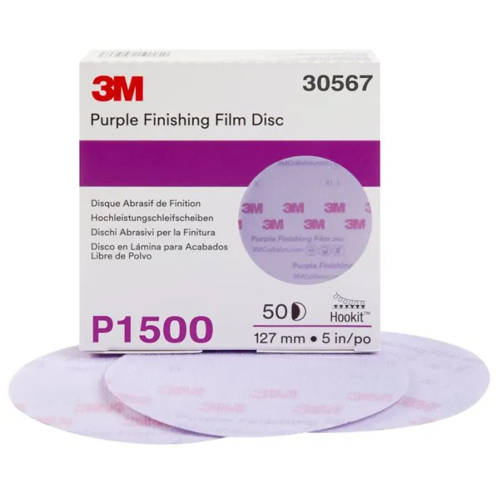 3M™ Hookit™ Purple Finishing Film Abrasive Disc 260L, 30567, 5 in, P1500, 50 discs per carton, 4 cartons per case