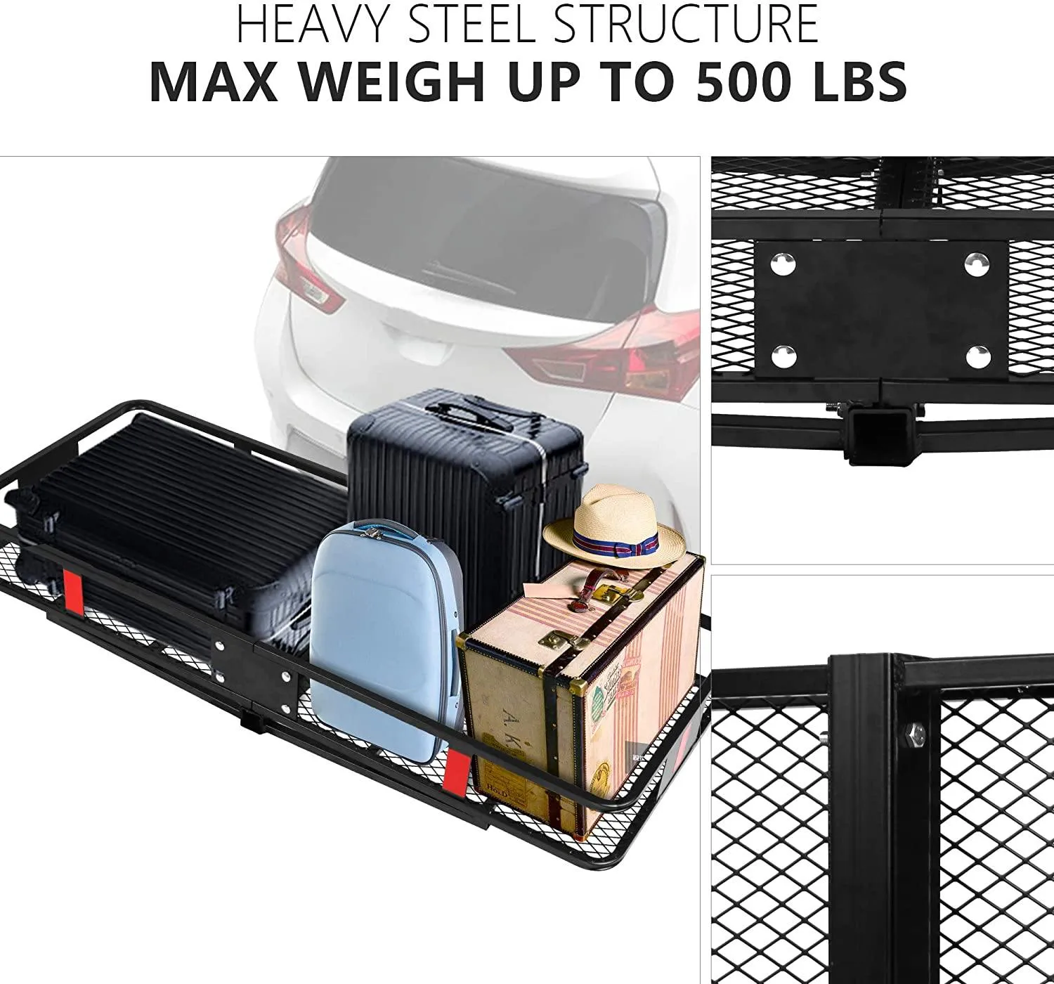 60" x 24" x 6.5" Hitch Mounted Folding Cargo Carrier, 500LBS Capacity Heavy Duty Basket Rack, Fit 2" Receiver Hitch