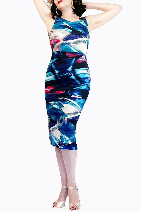 abstract blue tango dress with back slit