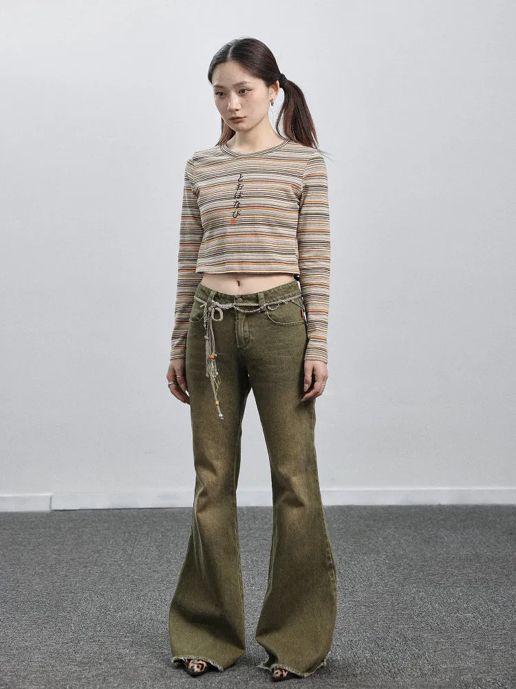 Achihara Wide-leg Green Denim Flared Pants