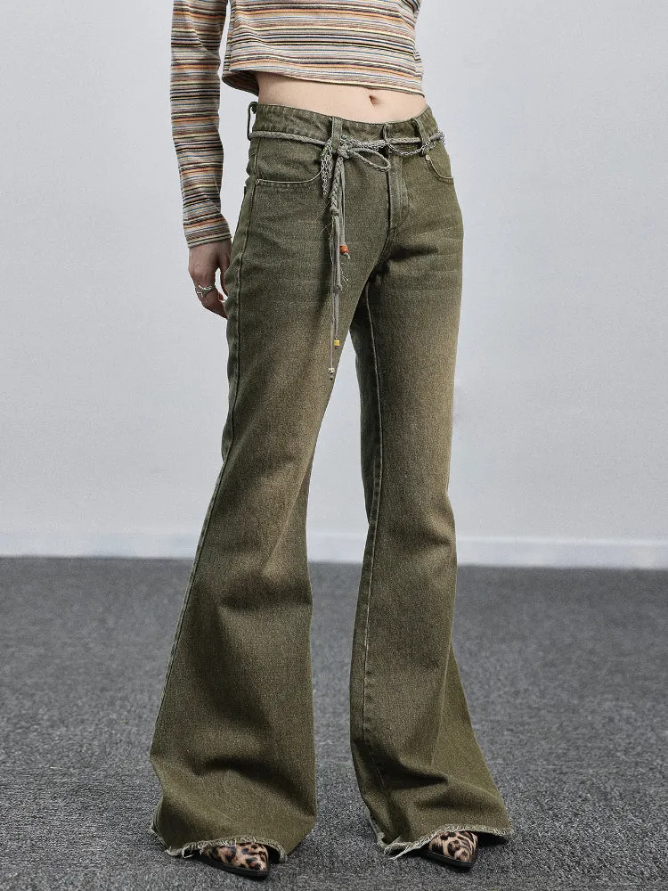 Achihara Wide-leg Green Denim Flared Pants