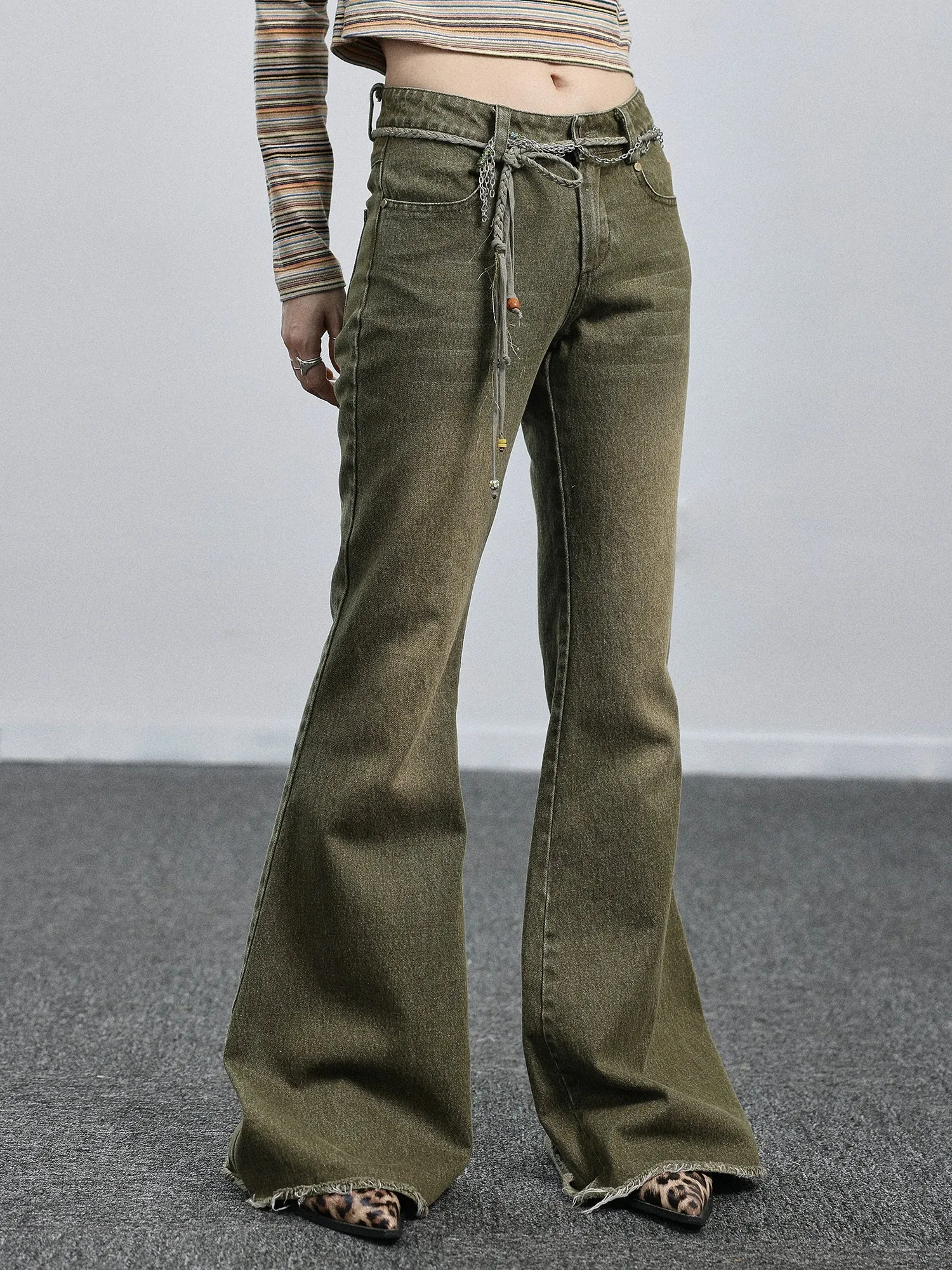 Achihara Wide-leg Green Denim Flared Pants