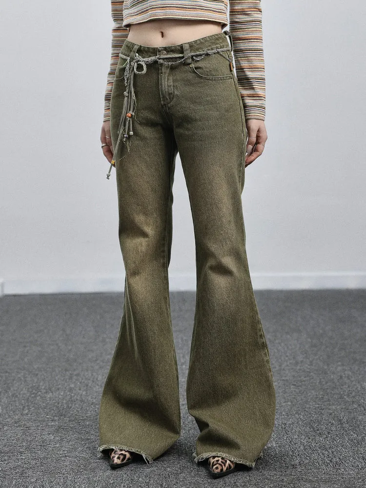 Achihara Wide-leg Green Denim Flared Pants