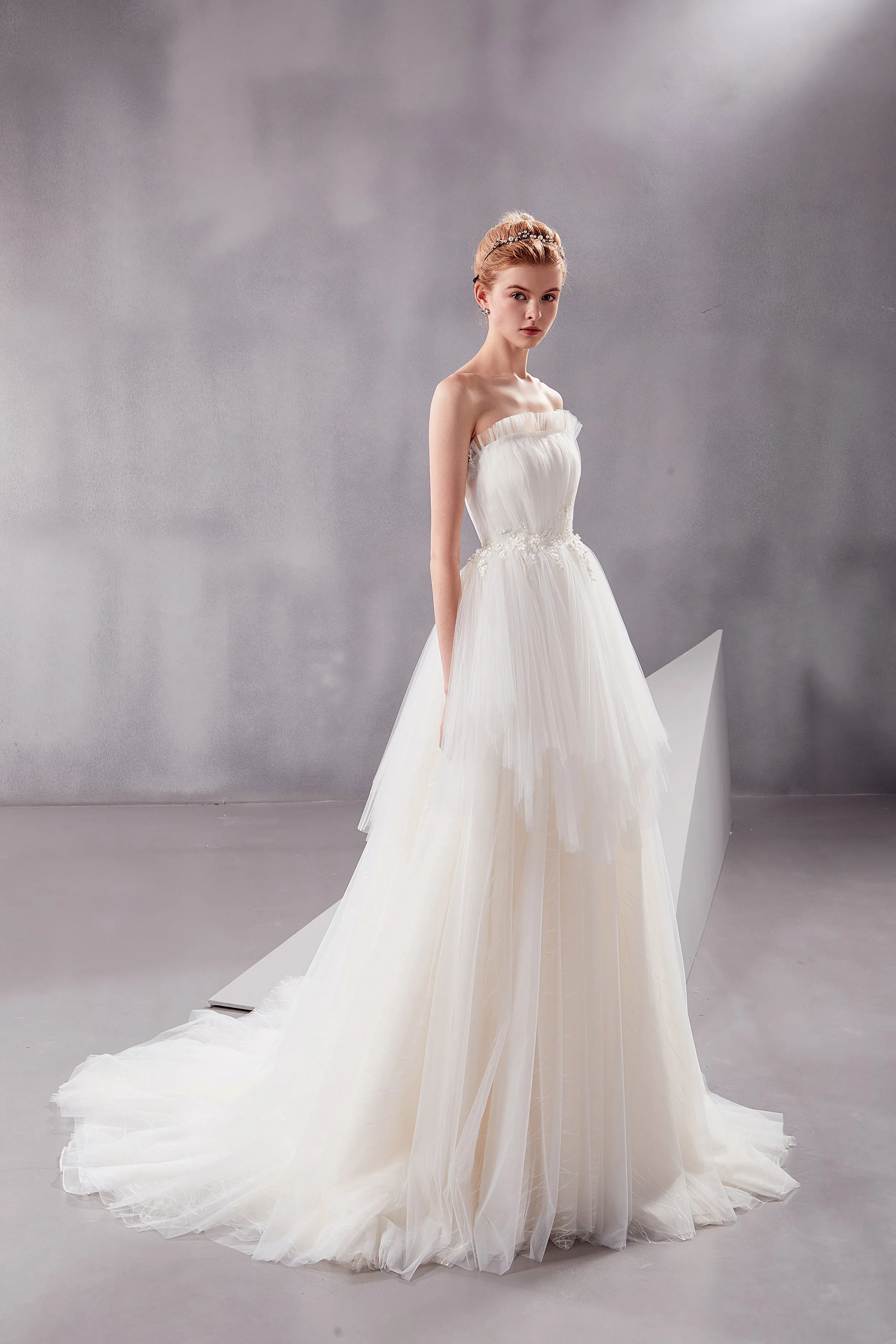 Afina - Selena Huan Strapless Ruffle Ball Gown Wedding Dress with Water-Wave Lace and Vertical Wrinkle