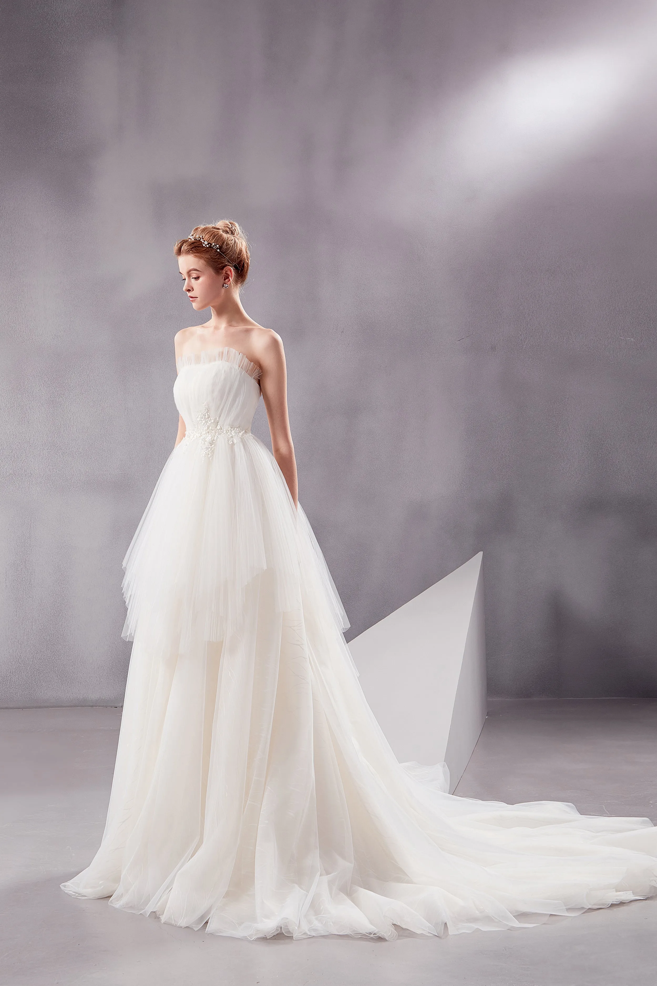 Afina - Selena Huan Strapless Ruffle Ball Gown Wedding Dress with Water-Wave Lace and Vertical Wrinkle