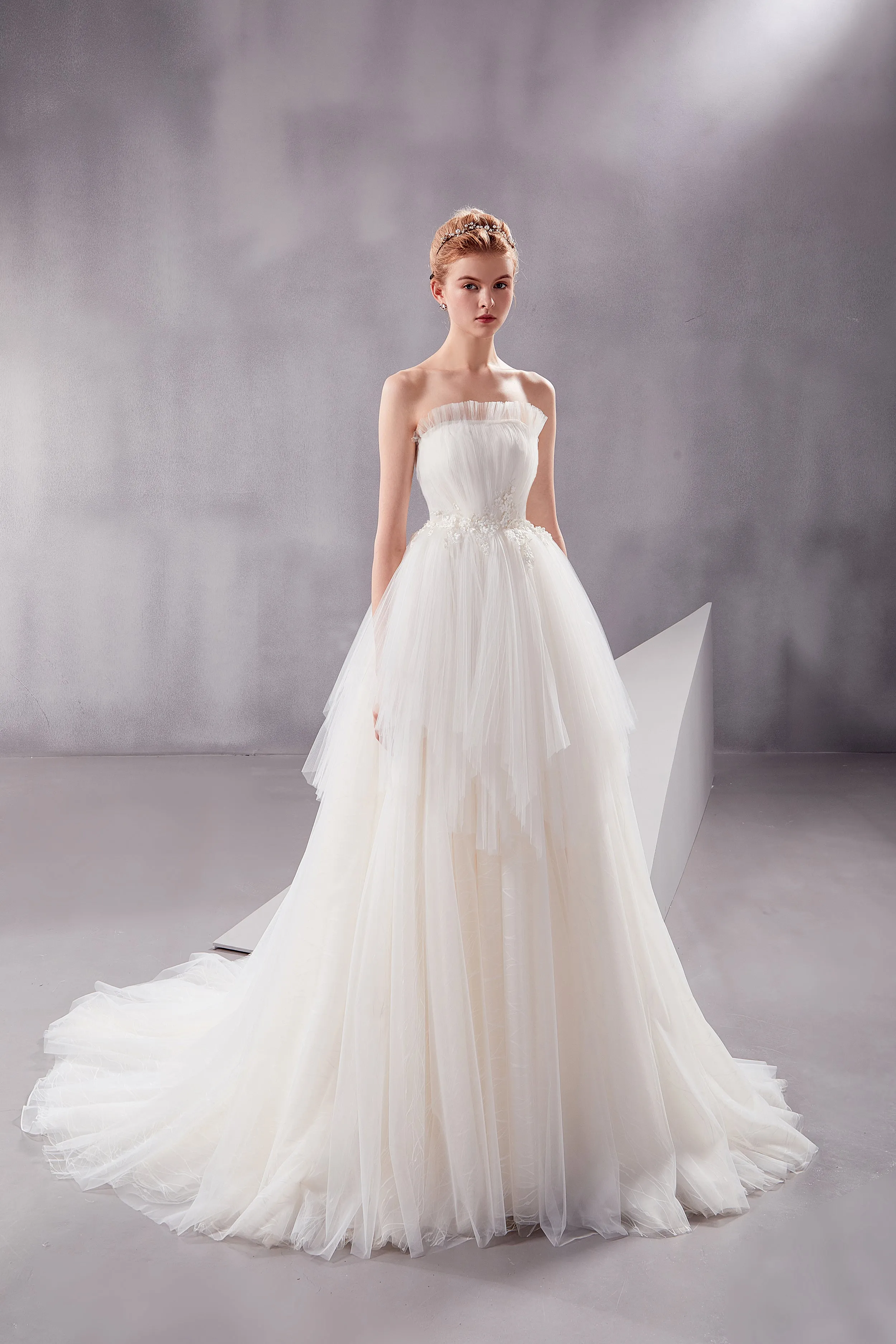 Afina - Selena Huan Strapless Ruffle Ball Gown Wedding Dress with Water-Wave Lace and Vertical Wrinkle