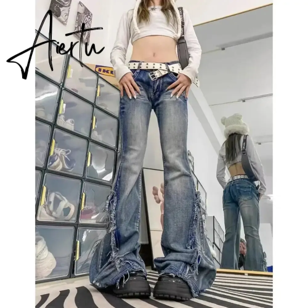 Aiertu High Quality American Vintage Clothes Raw Edge Design Flared Jeans For Women Patchwork Autumn Low-rise Washed Denim Y2k Pants