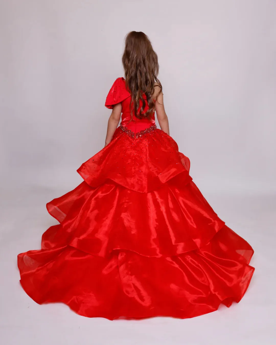 Ava Presley Girls 39891 Size 14 Red Long Pageant Ball Gown One Shoulder Layer Ruffle Bow Drop Waist Formal