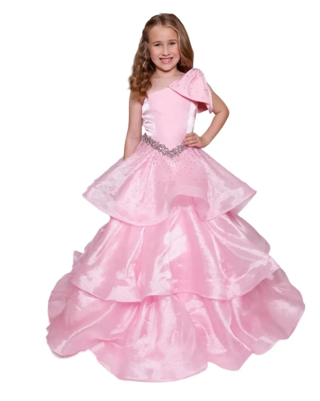 Ava Presley Girls 39891 Size 14 Red Long Pageant Ball Gown One Shoulder Layer Ruffle Bow Drop Waist Formal