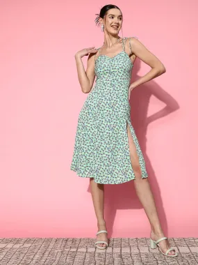 Berrylush Women Green & Blue Floral Printed Sweetheart Neck Tie-Up Strap A-Line Midi Dress