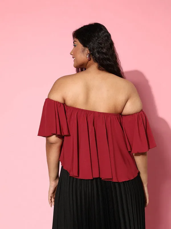 Berrylush Women Plus Size Solid Maroon Off-Shoulder Neck Crepe Ruffled Bardot Crop Top