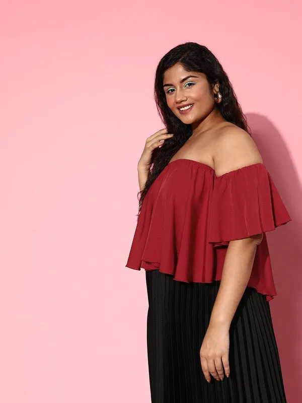 Berrylush Women Plus Size Solid Maroon Off-Shoulder Neck Crepe Ruffled Bardot Crop Top