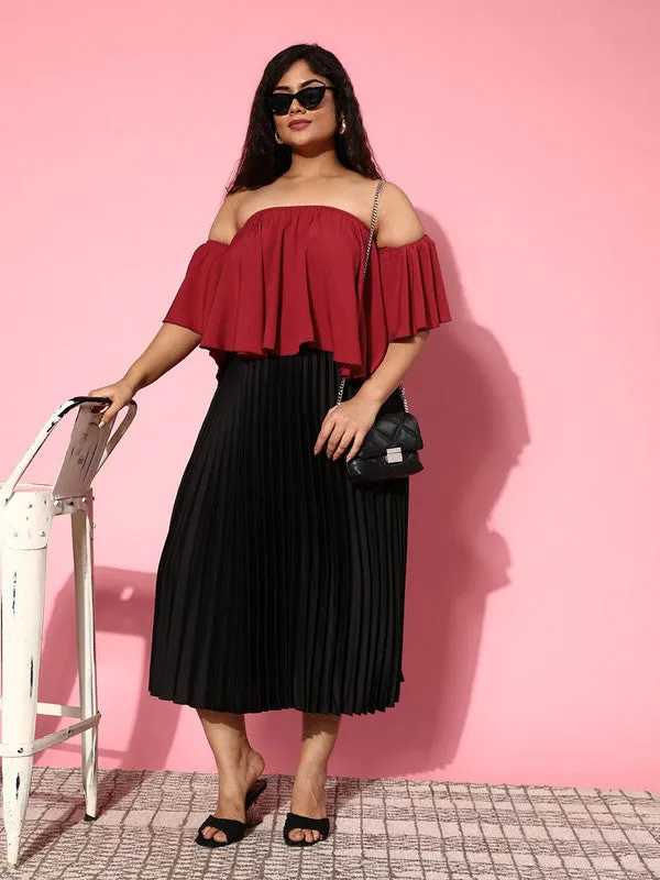 Berrylush Women Plus Size Solid Maroon Off-Shoulder Neck Crepe Ruffled Bardot Crop Top