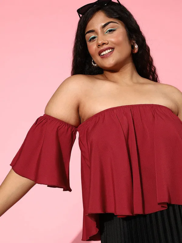 Berrylush Women Plus Size Solid Maroon Off-Shoulder Neck Crepe Ruffled Bardot Crop Top