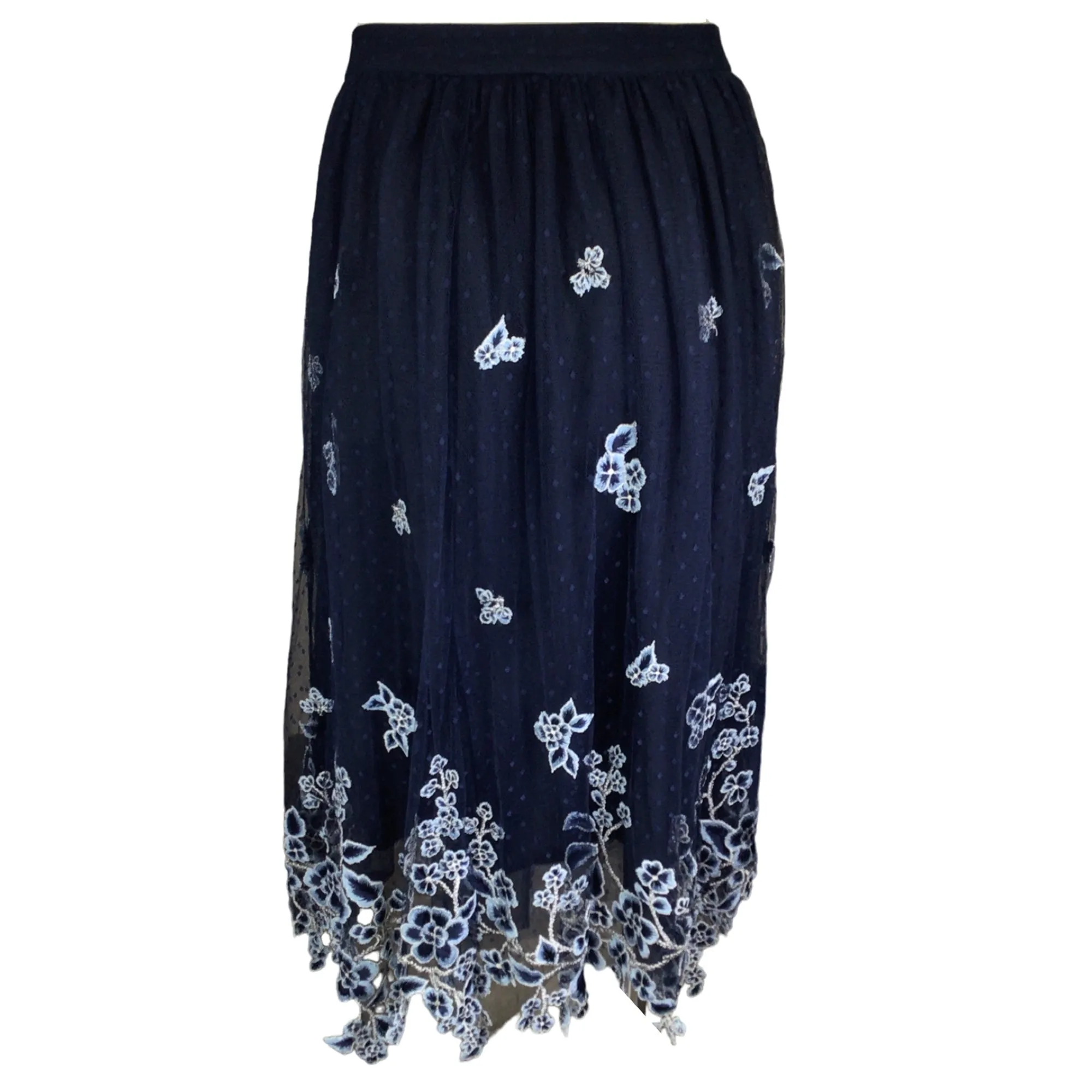 Biyan Navy Blue Floral Embroidered Mesh Tulle Midi Skirt