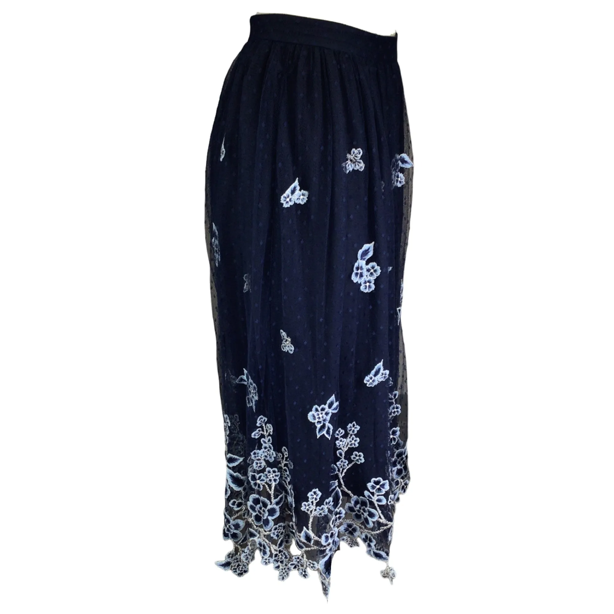 Biyan Navy Blue Floral Embroidered Mesh Tulle Midi Skirt