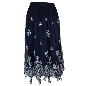 Biyan Navy Blue Floral Embroidered Mesh Tulle Midi Skirt