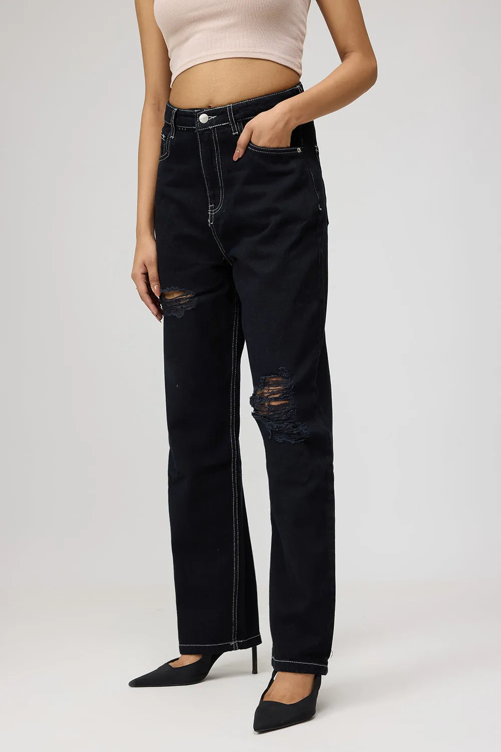 Black High-Rise Distressed Straight Leg Jeans