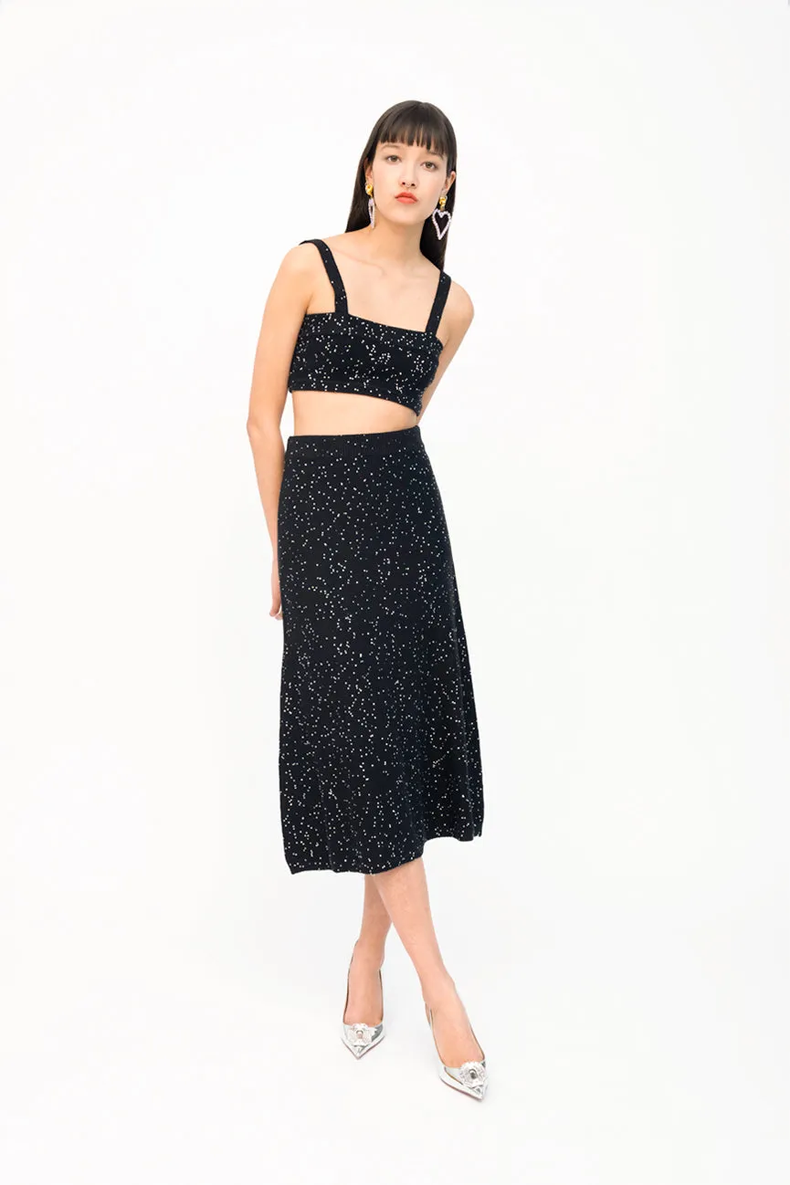 Black Sequins Flared Midi Skirt