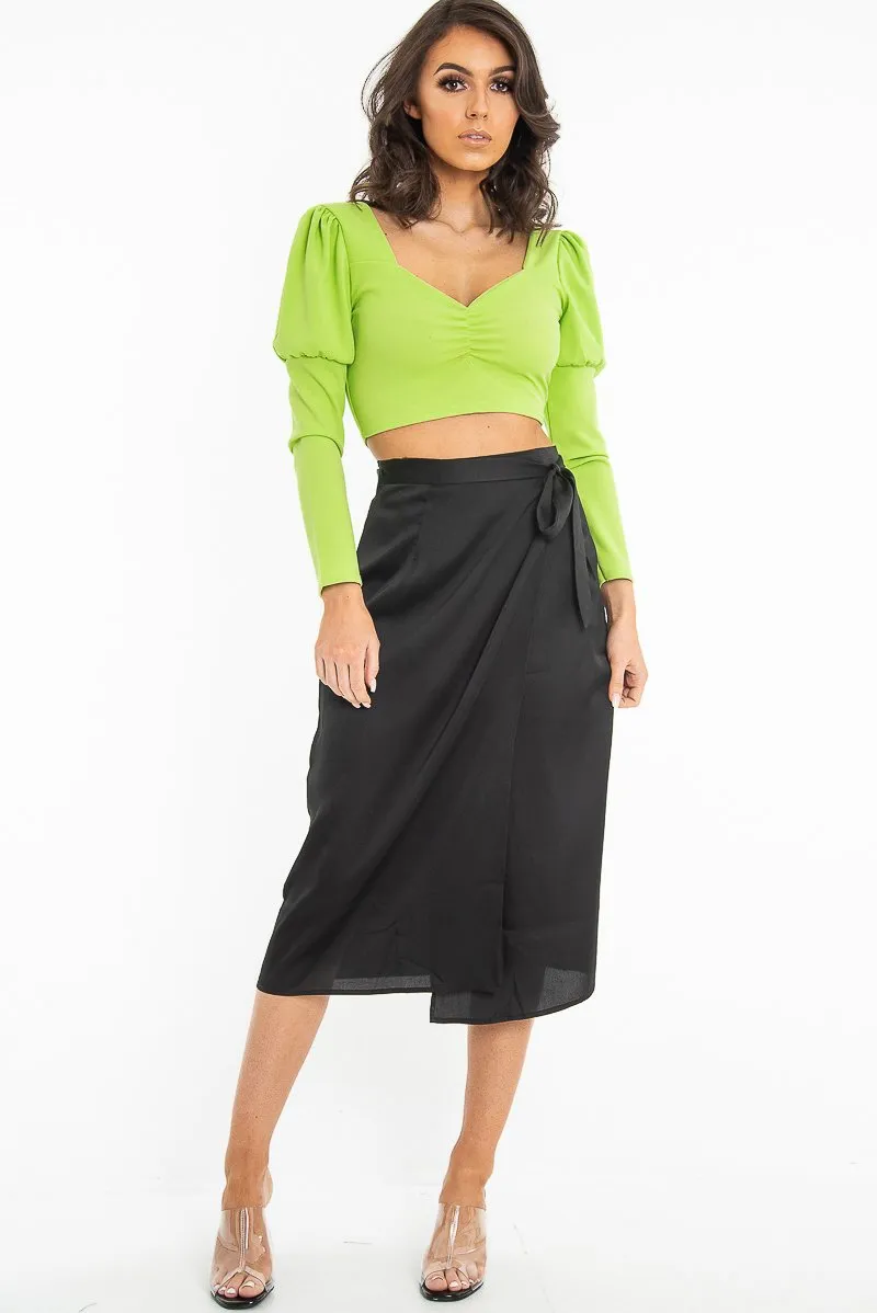 Black Wrap Tie Side Satin Midi Skirt - Mailah