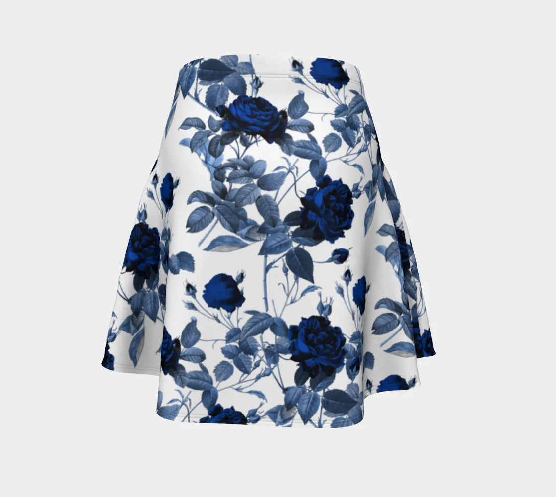 Blue Roses Print Flare Skirt