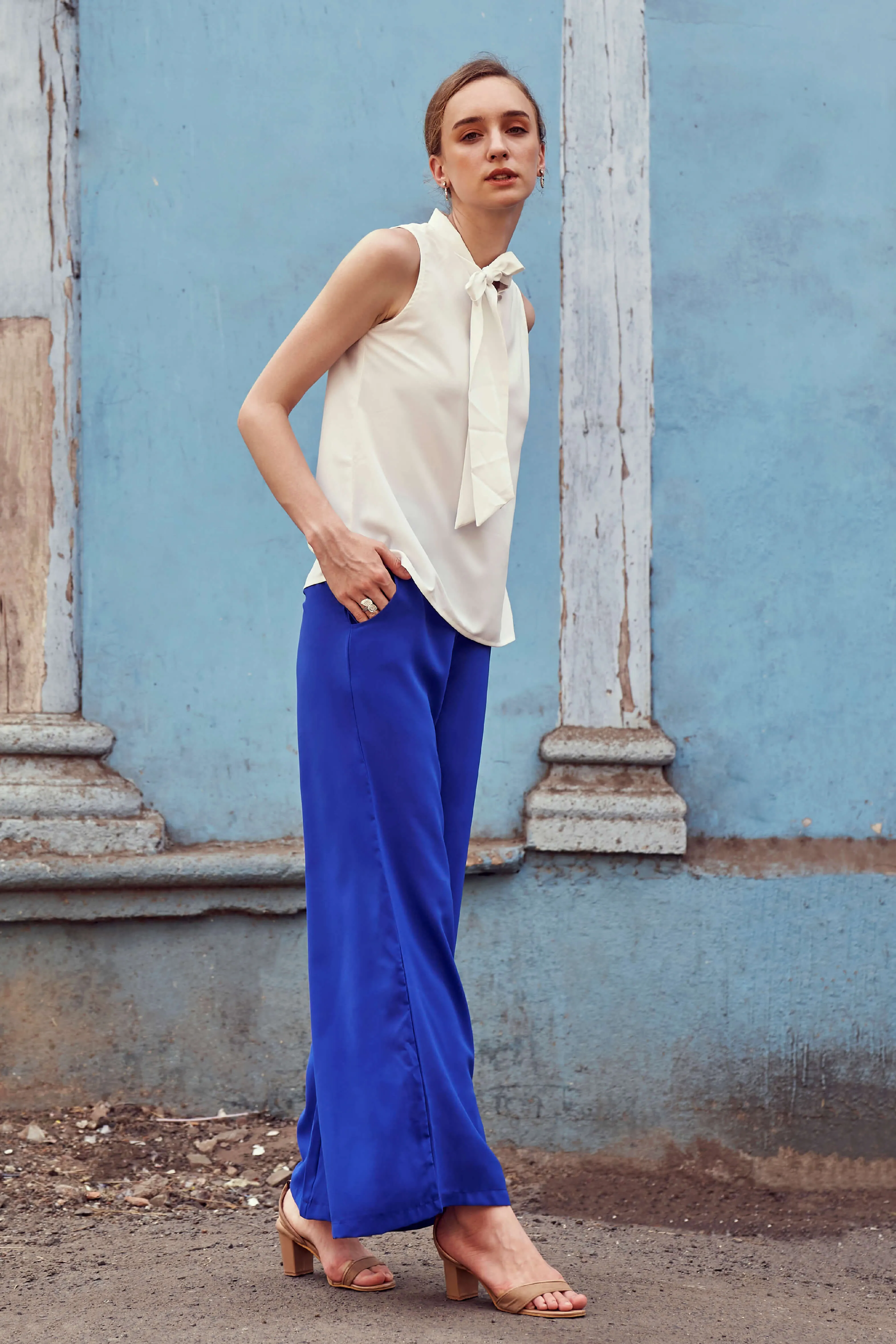 Blue Wide Leg Flared Trouser