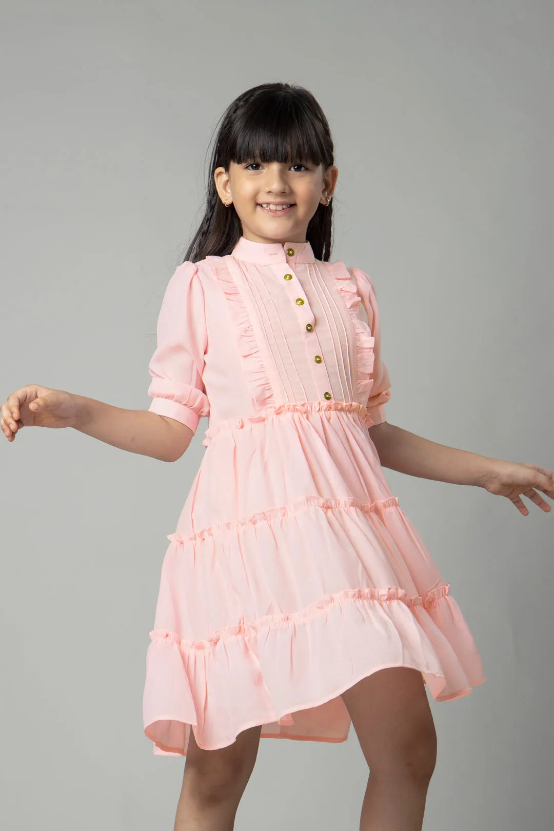 Blush Pink Puff Sleeve Ruffle Shirt Dress For Girls