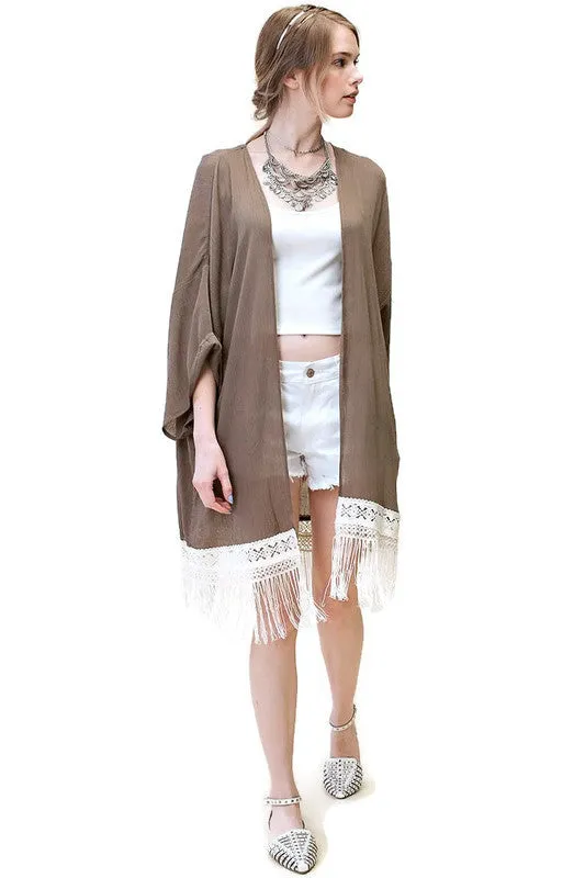 Bohemian Crochet & Fringe Kimono Jacket, Olive