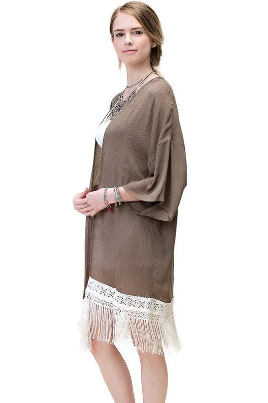 Bohemian Crochet & Fringe Kimono Jacket, Olive