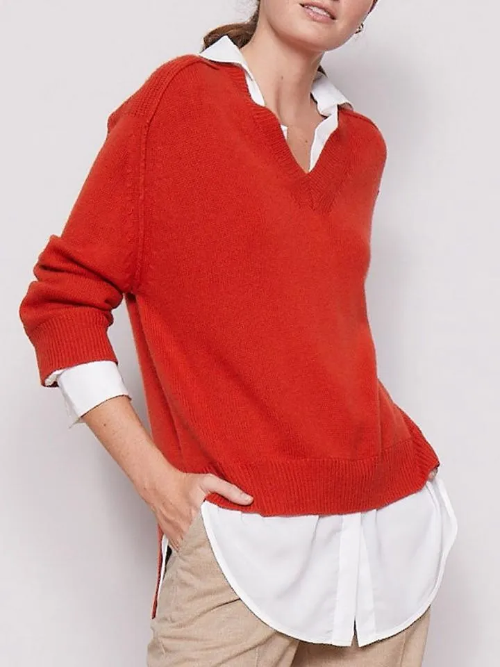 Brochu Walker - V-Neck Layered Pullover in Cardamom w/ White Beige