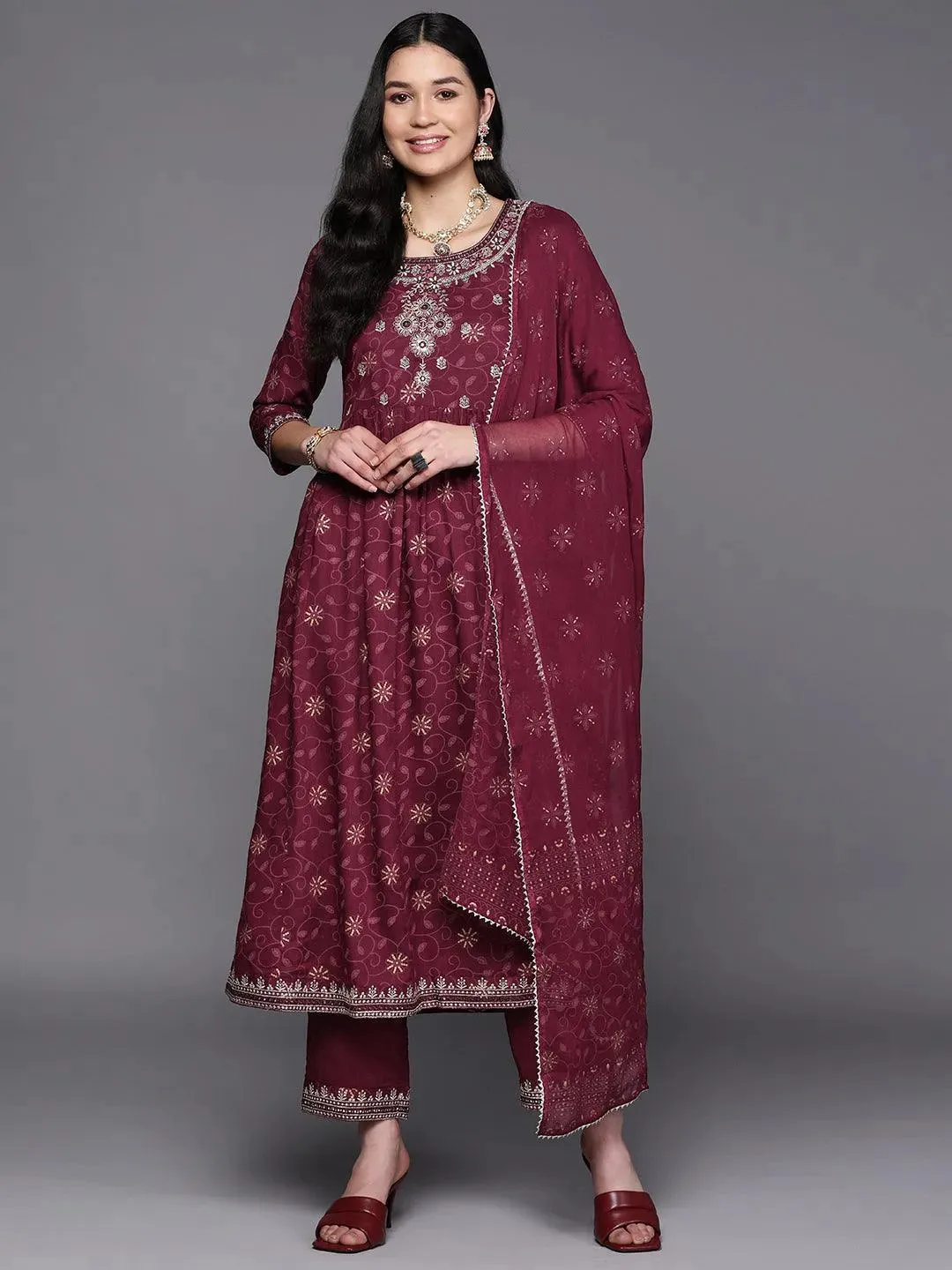 Burgundy Embroidered Rayon A-Line Kurta With Trousers & Dupatta