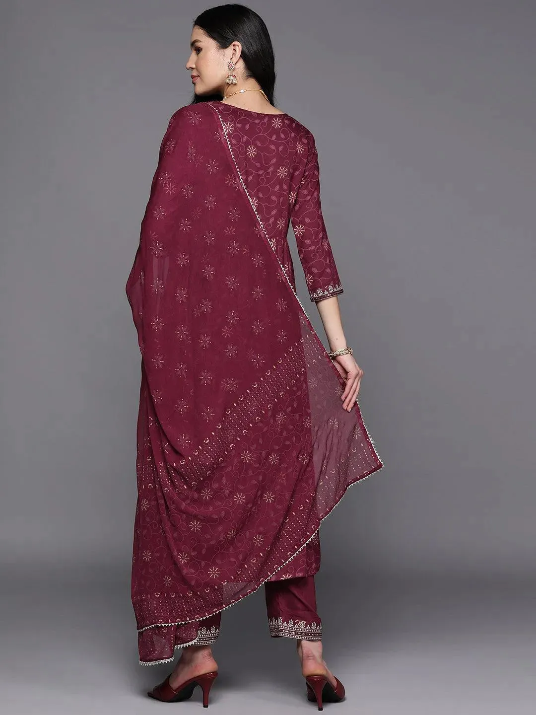 Burgundy Embroidered Rayon A-Line Kurta With Trousers & Dupatta