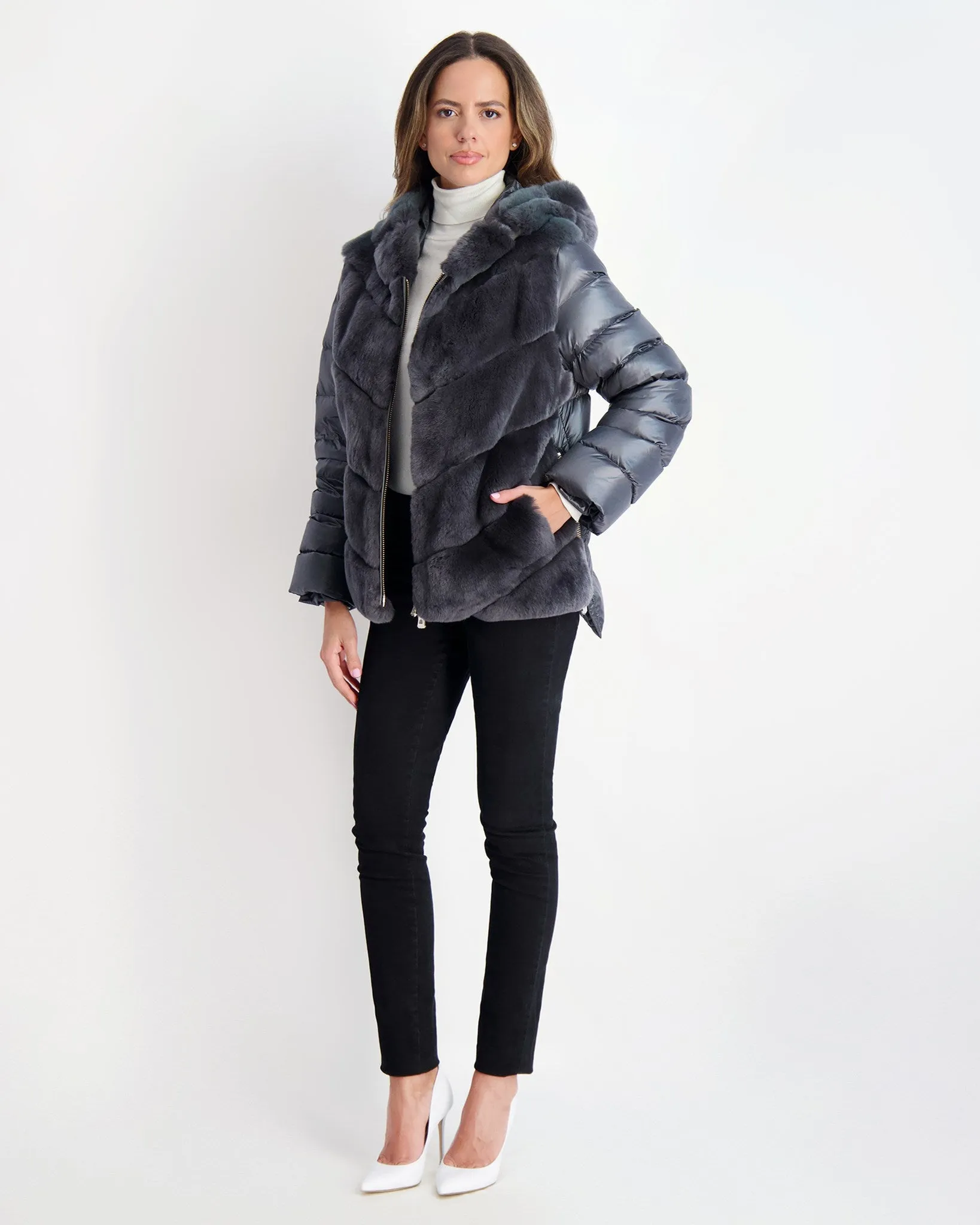 Chevron Rex Rabbit Zip Jacket with Quilted Detailing