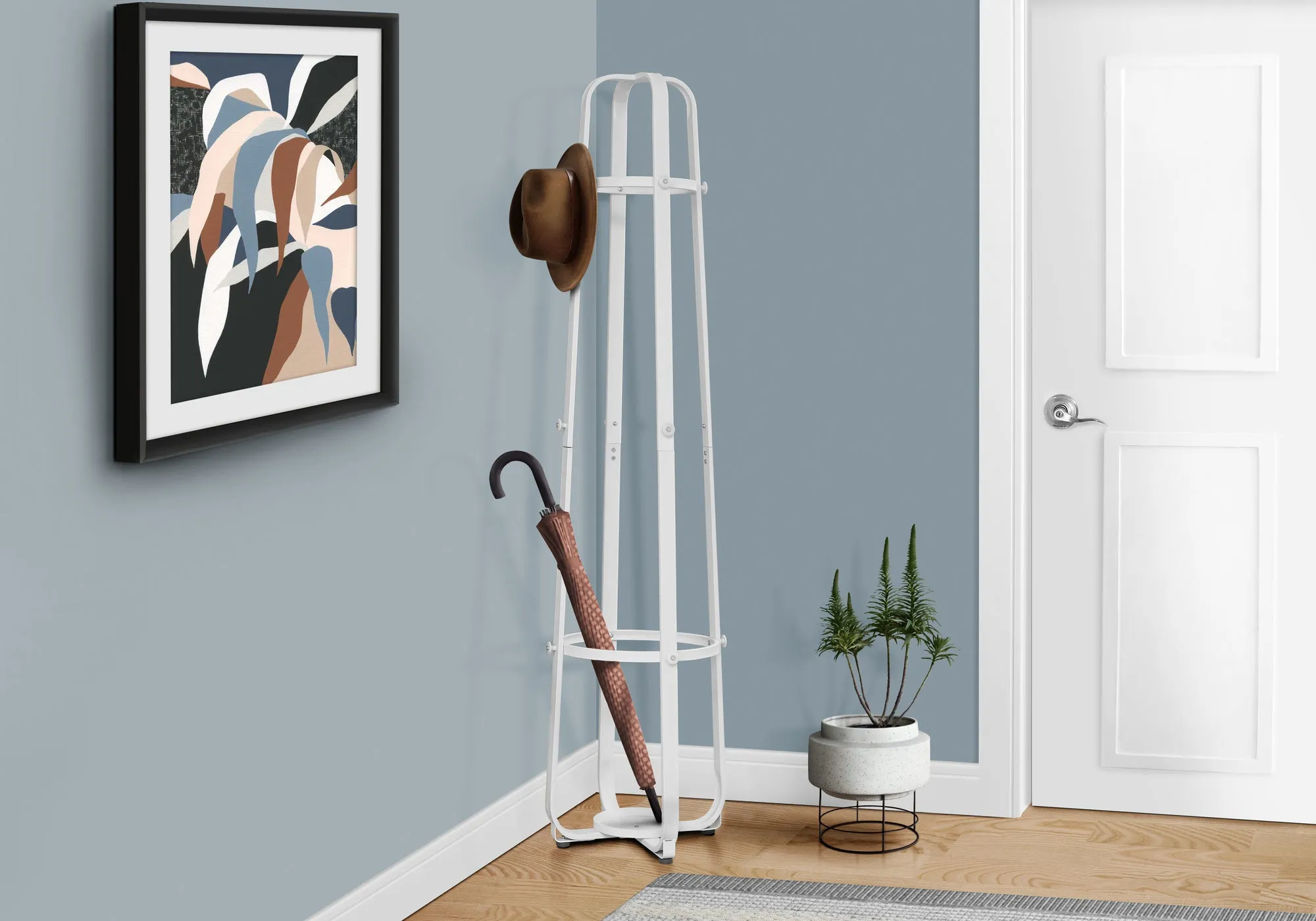 Coat Rack, Hall Tree, Free Standing, 12 Hooks, Entryway, 72"h, Umbrella Holder, Bedroom, White Metal, Contemporary, Modern