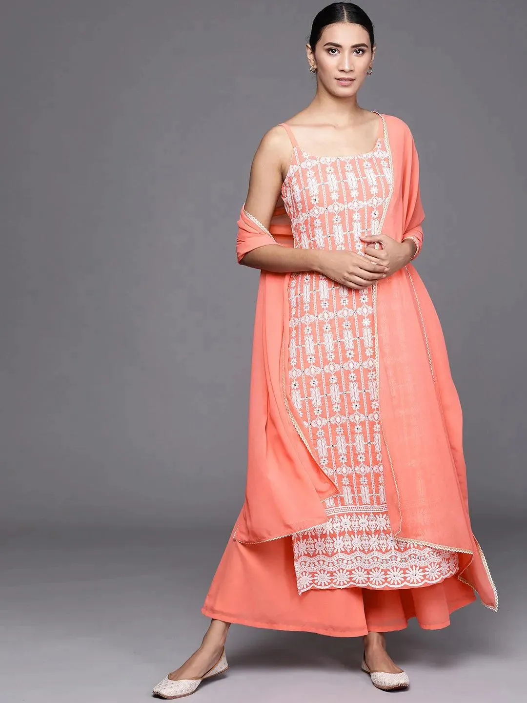 Coral Embroidered Georgette Straight Kurta With Palazzos & Dupatta