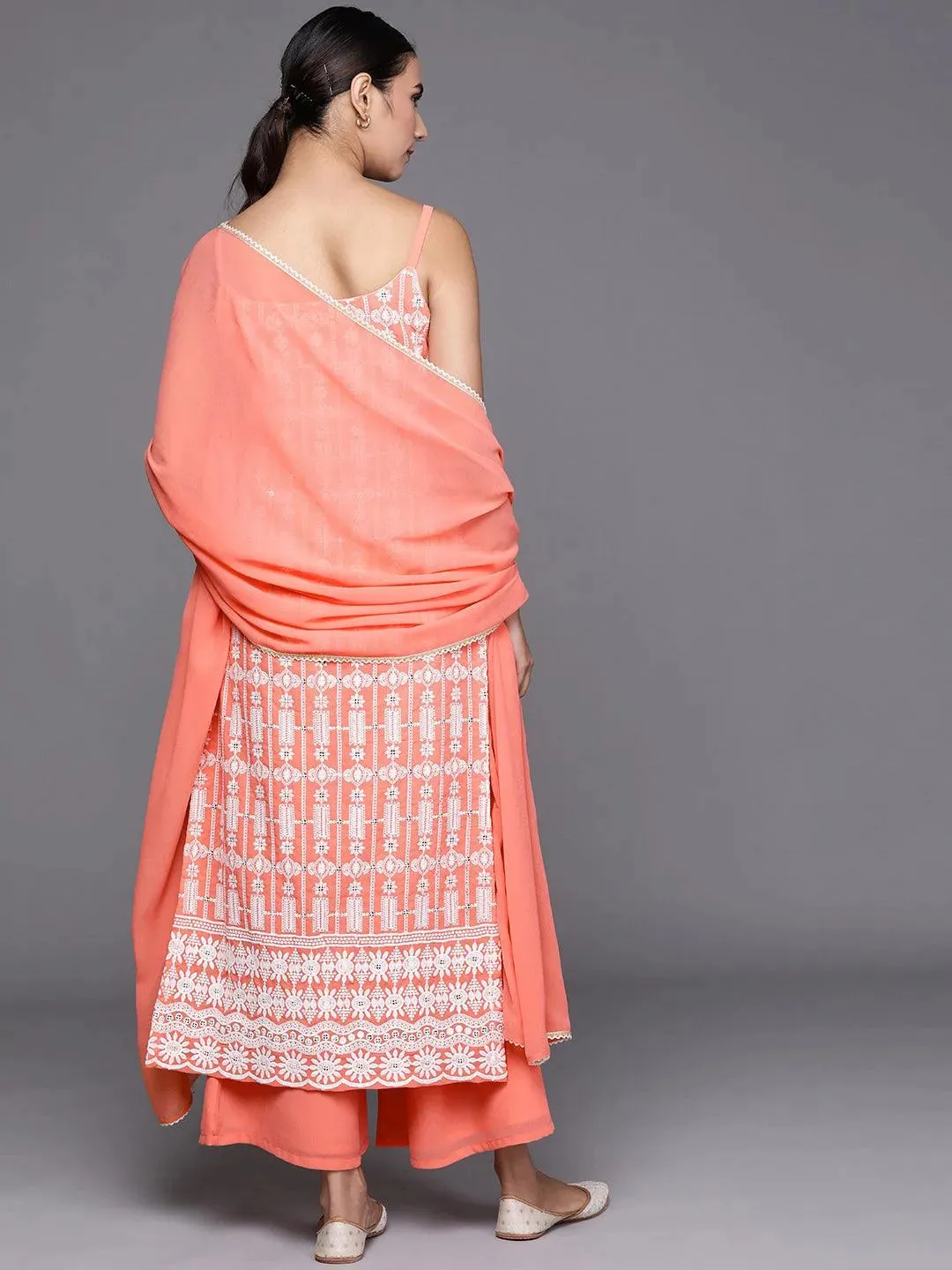 Coral Embroidered Georgette Straight Kurta With Palazzos & Dupatta